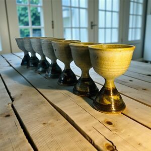 Studio Art Pottery Goblets Glazed Stoneware Handmade Set of 7 Signed Church Wine